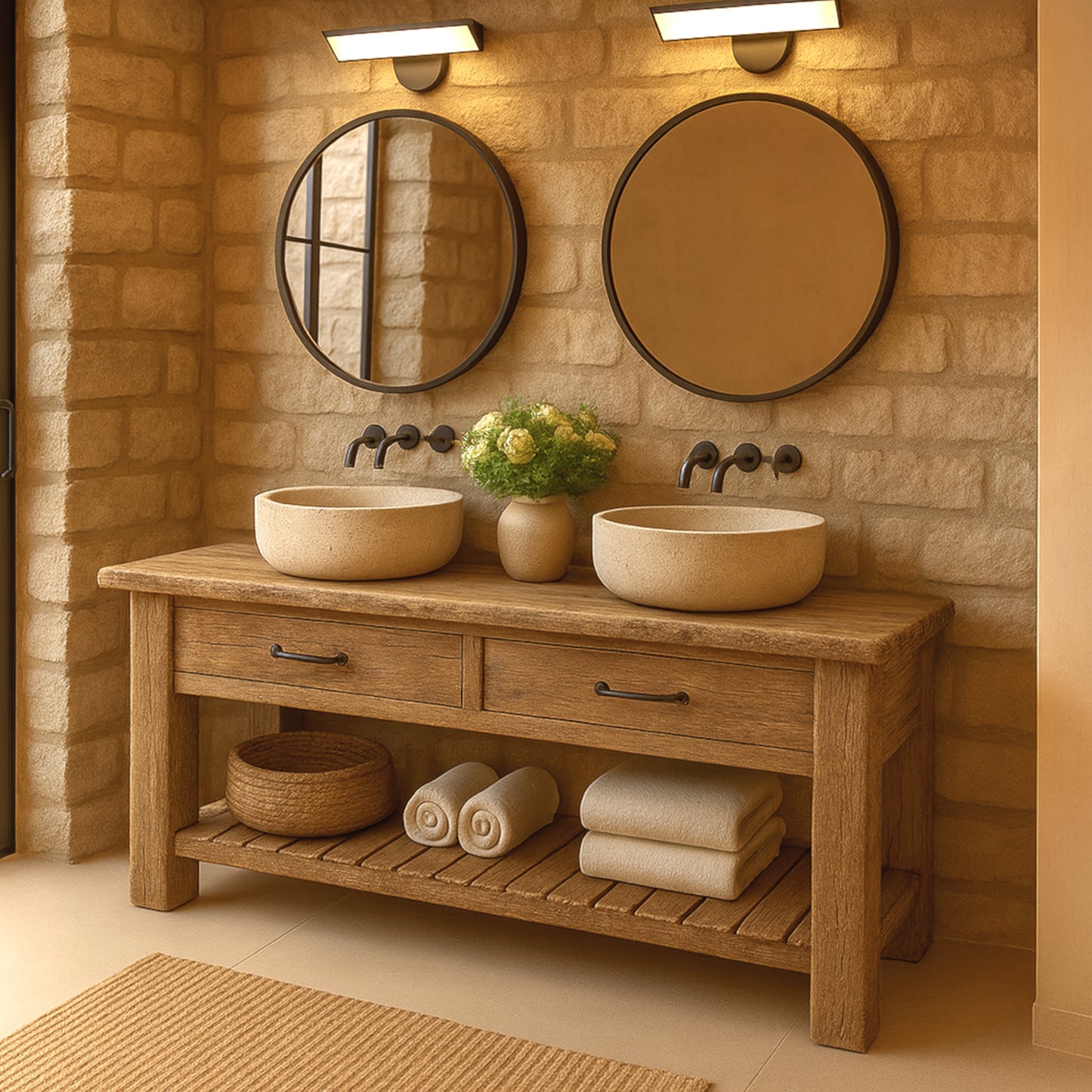 Wood Bathroom Vanity with 2 Drawers, Rustic Solid Wood Bathroom Vanities