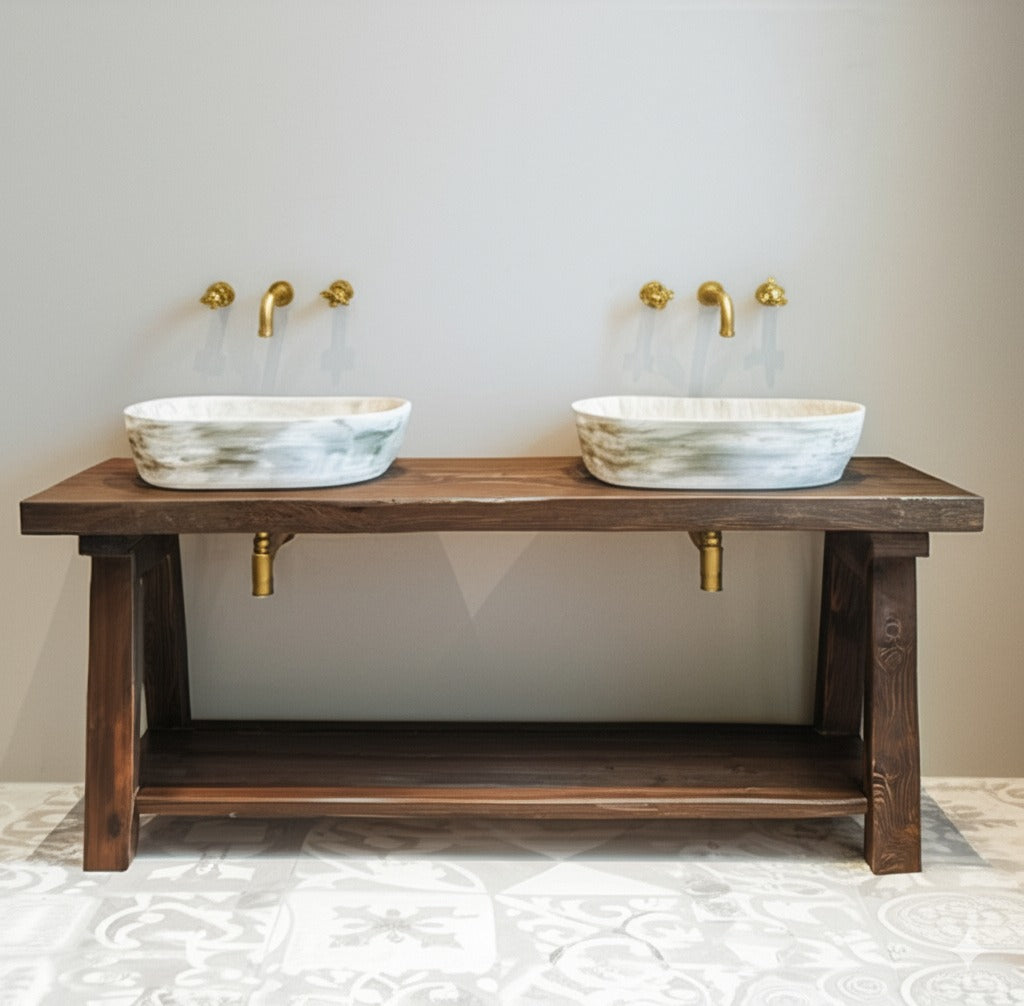 Rustic Oak Wood Bathroom Vanity with Open Shelf, Reclaimed Wood, Farmhouse Style