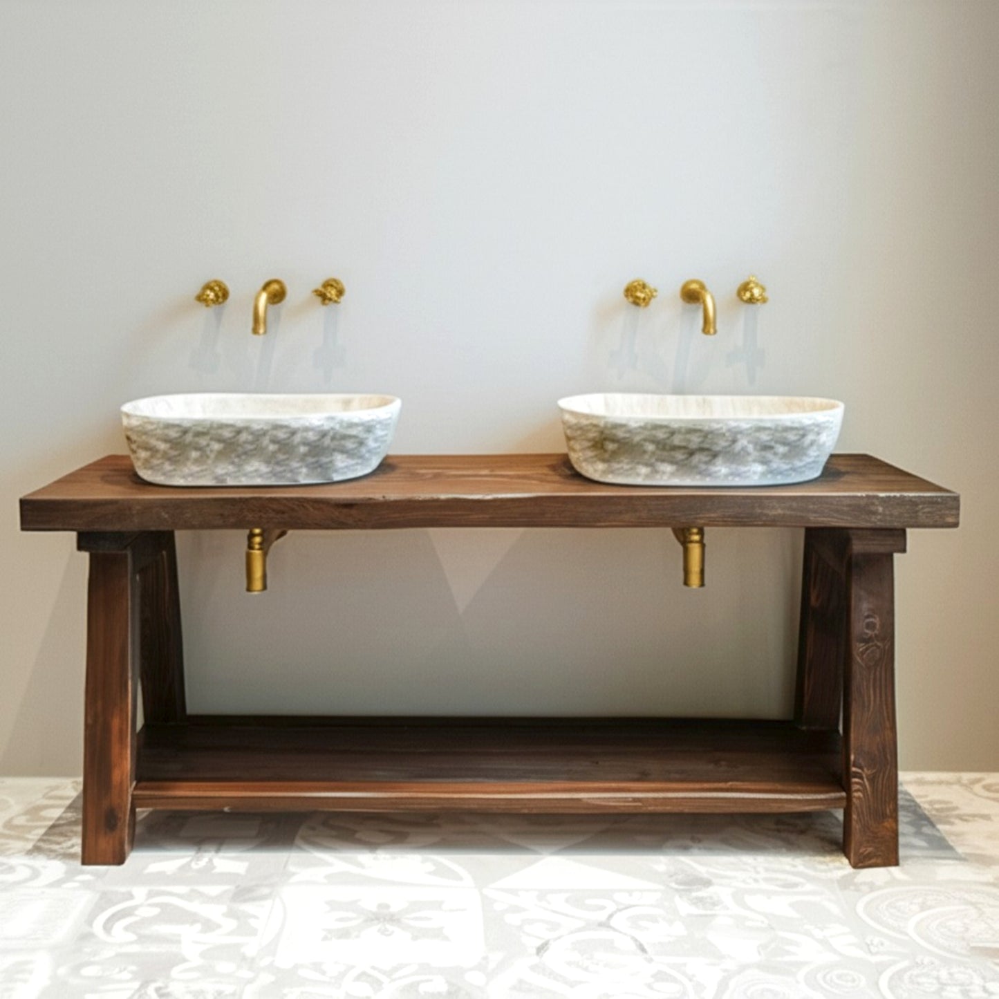 Rustic Oak Wood Bathroom Vanity with Open Shelf, Reclaimed Wood, Farmhouse Style