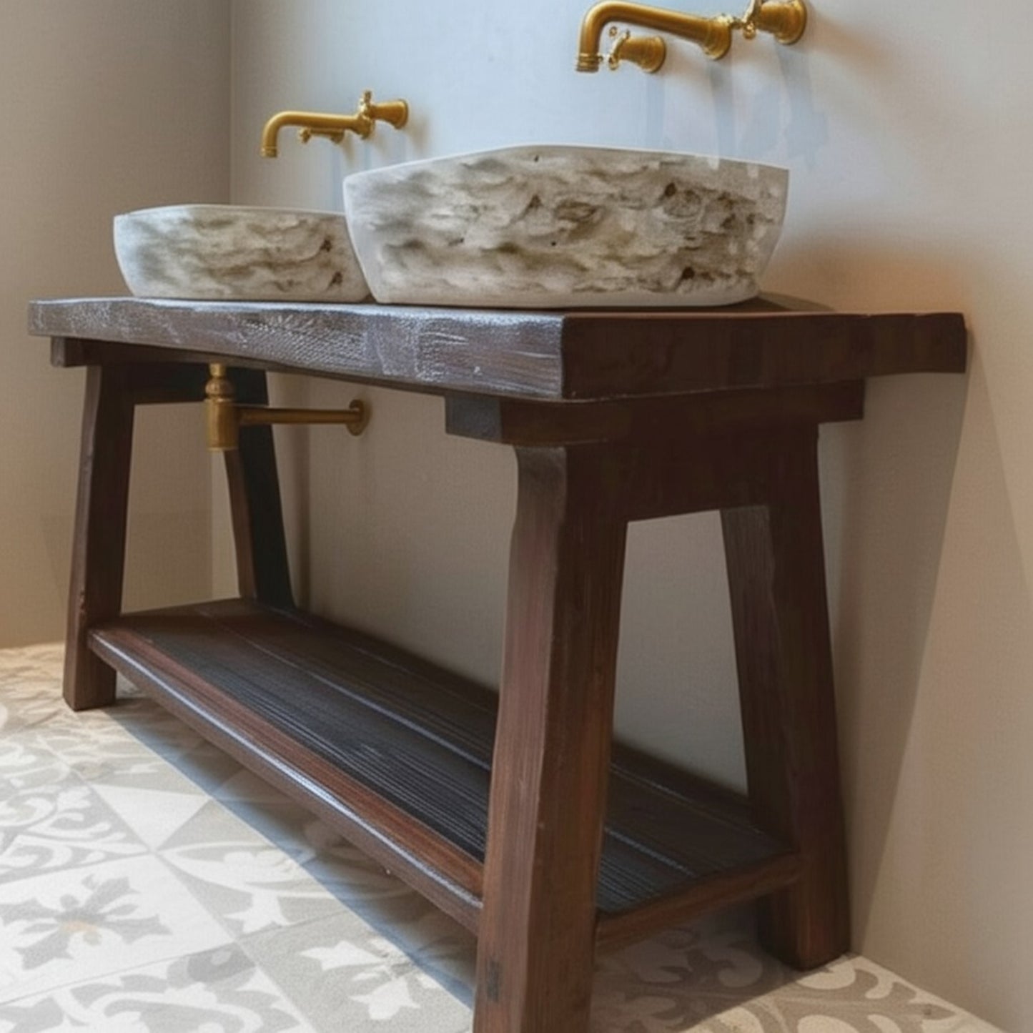 Rustic Oak Wood Bathroom Vanity with Open Shelf, Reclaimed Wood, Farmhouse Style