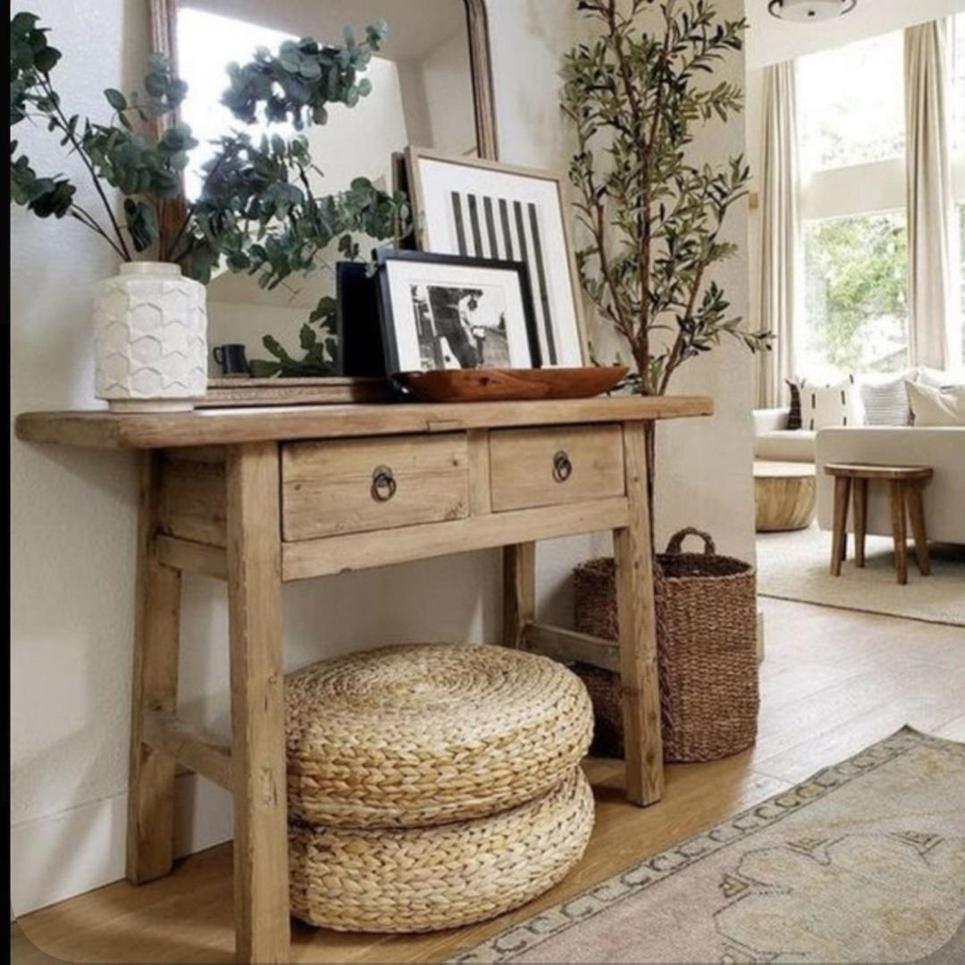 Rustic Wood Console Table With Drawers, Natural Solid Wood Console Table With Shelf
