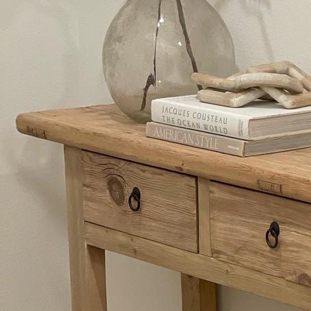Rustic Wood Console Table With Drawers, Natural Solid Wood Console Table With Storage