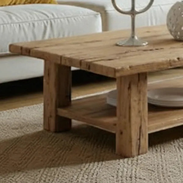 Light Wood Rustic Rectangular Coffee Table with Storage Shelf