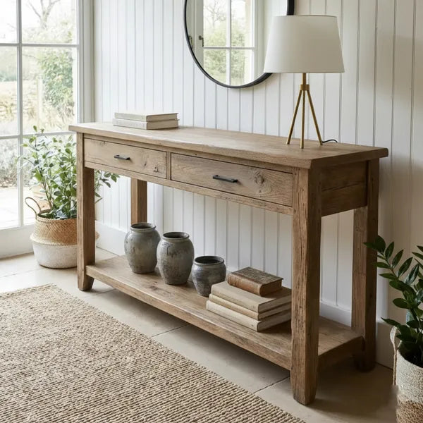 Rustic Solid Wood 2-Drawer Console Table with Display Shelf