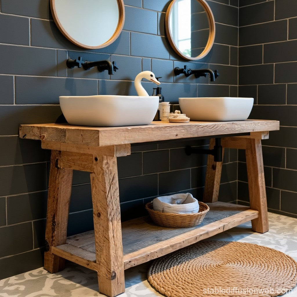 Rustic Oak Wood Bathroom Vanity with Open Shelf, Reclaimed Wood, Farmhouse Style.
