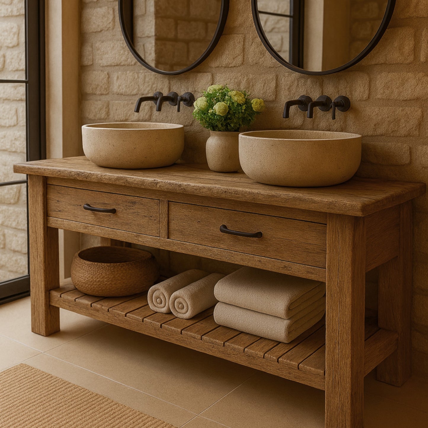 Wood Bathroom Vanity with 2 Drawers, Rustic Solid Wood Bathroom Vanities