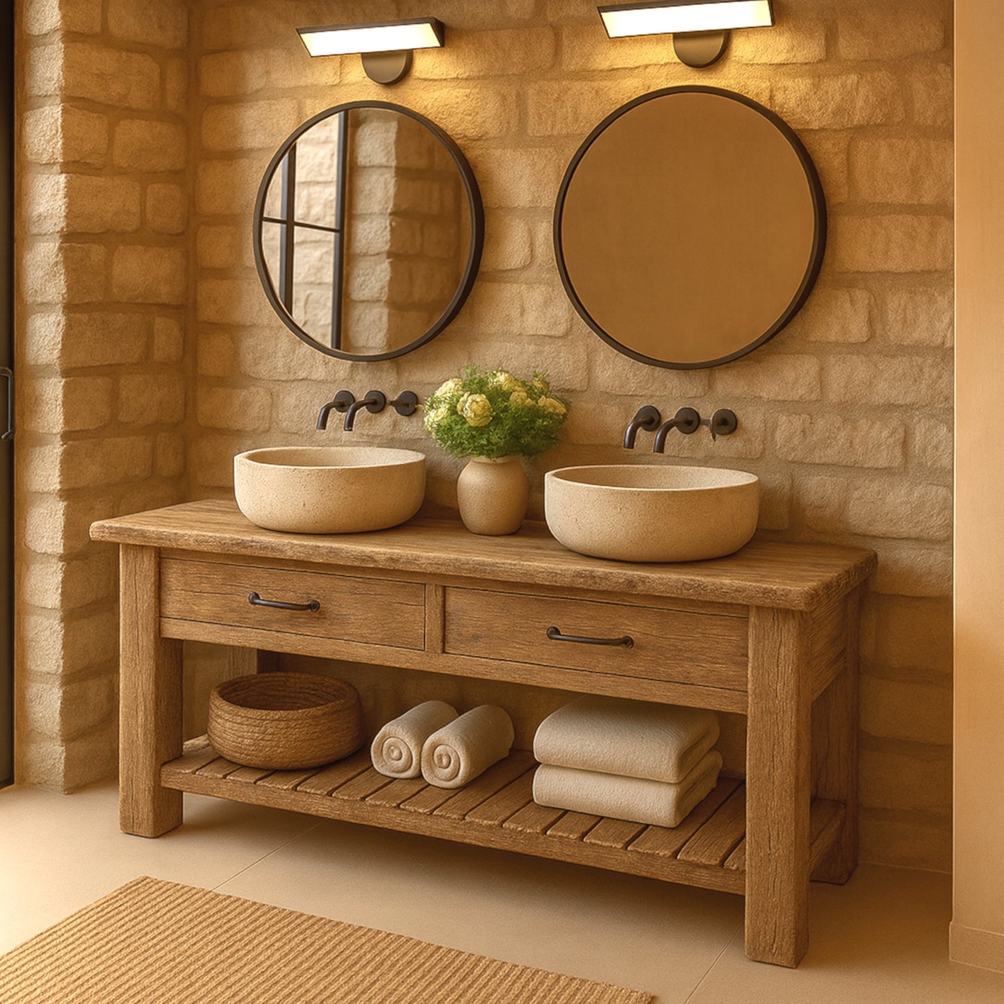 Wood Bathroom Vanity with 2 Drawers, Rustic Solid Wood Bathroom Vanities