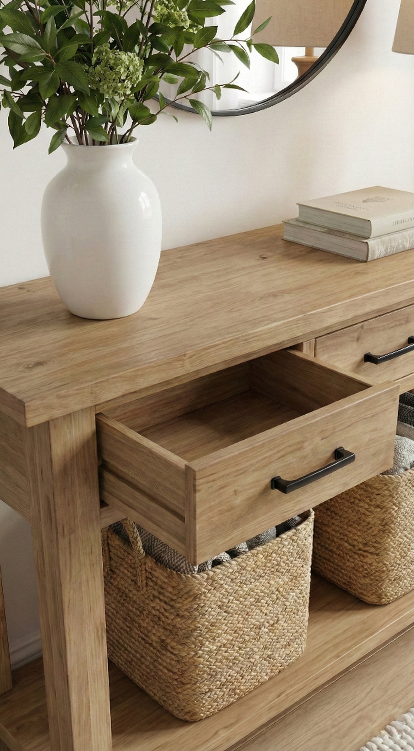Rustic Console Table With Drawers, Natural Solid Wood Console Table With Storage