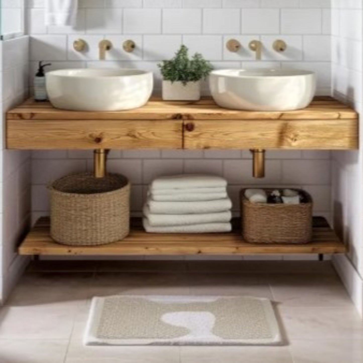 Floating Wood Bathroom Vanity with Drawers, Solid Wood, Farmhouse Style