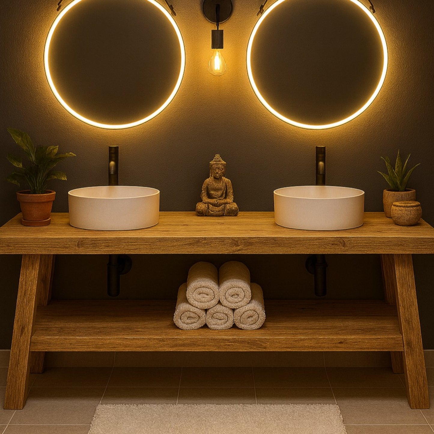 Rustic Wooden Bathroom Vanity with Open Shelf, Reclaimed Wood, Farmhouse Style.