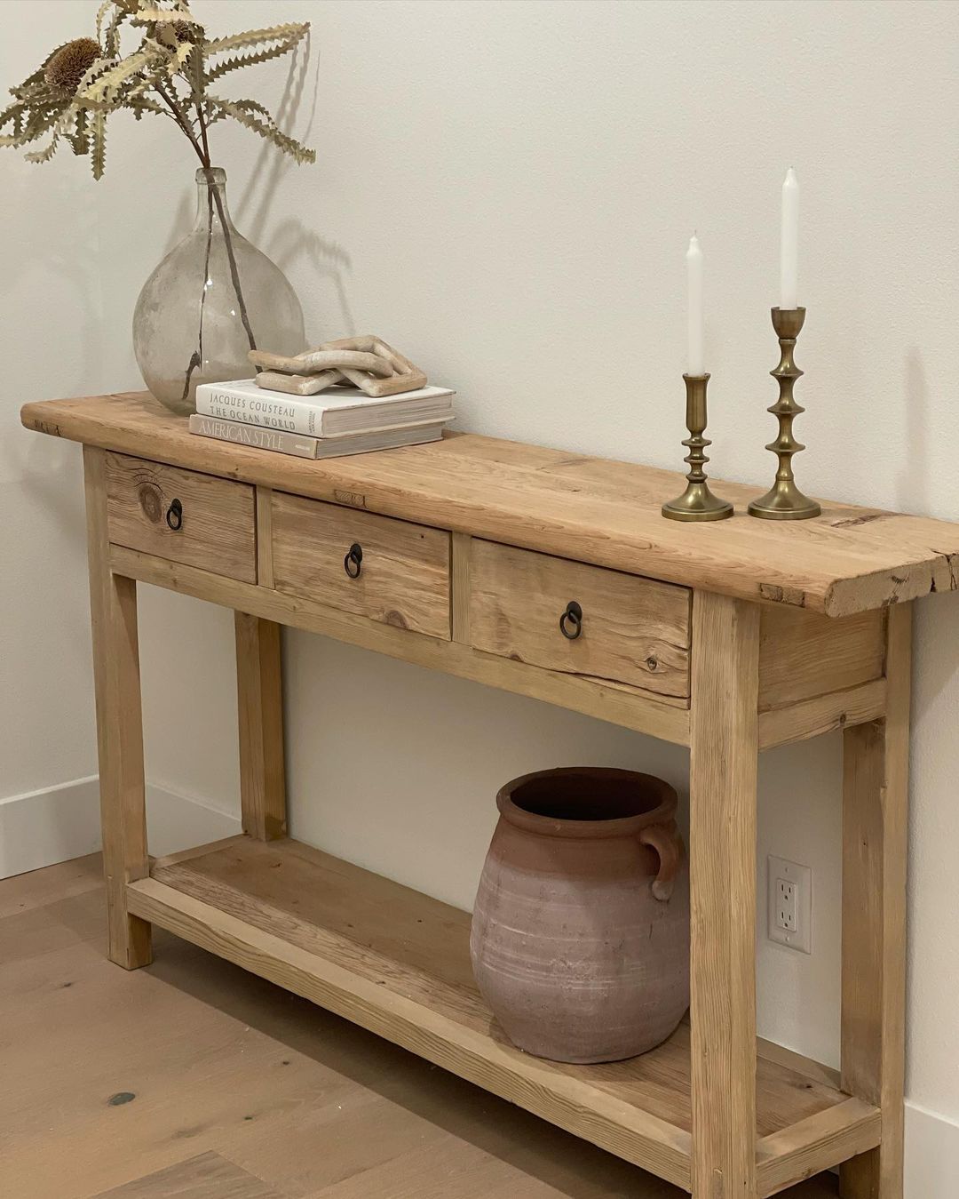 Rustic Wood Console Table With Drawers, Natural Solid Wood Console Table With Storage