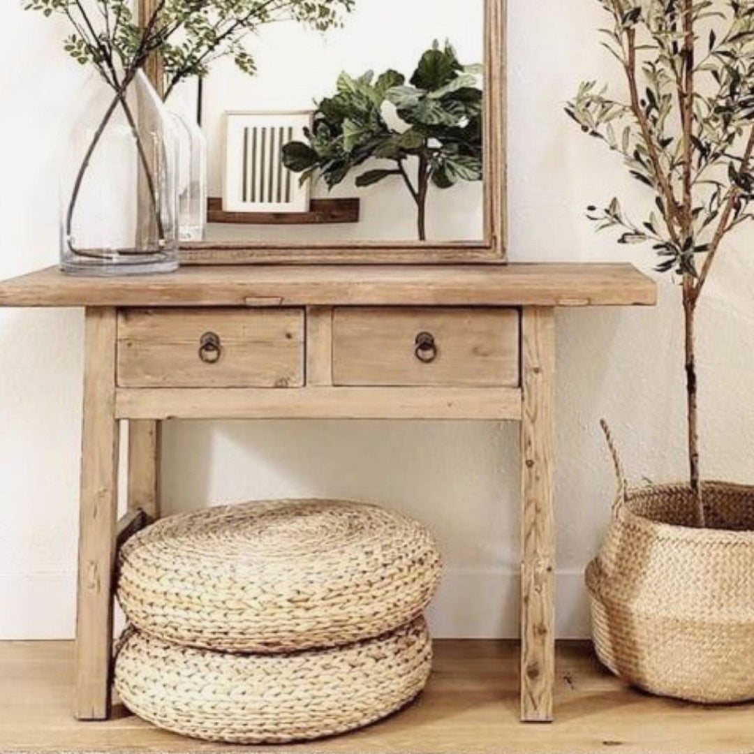 Rustic Wood Console Table With Drawers, Natural Solid Wood Console Table With Shelf