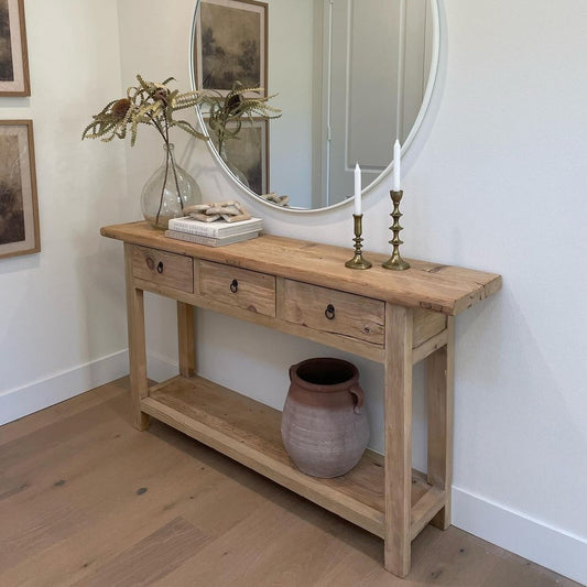Rustic Wood Console Table With Drawers, Natural Solid Wood Console Table With Storage