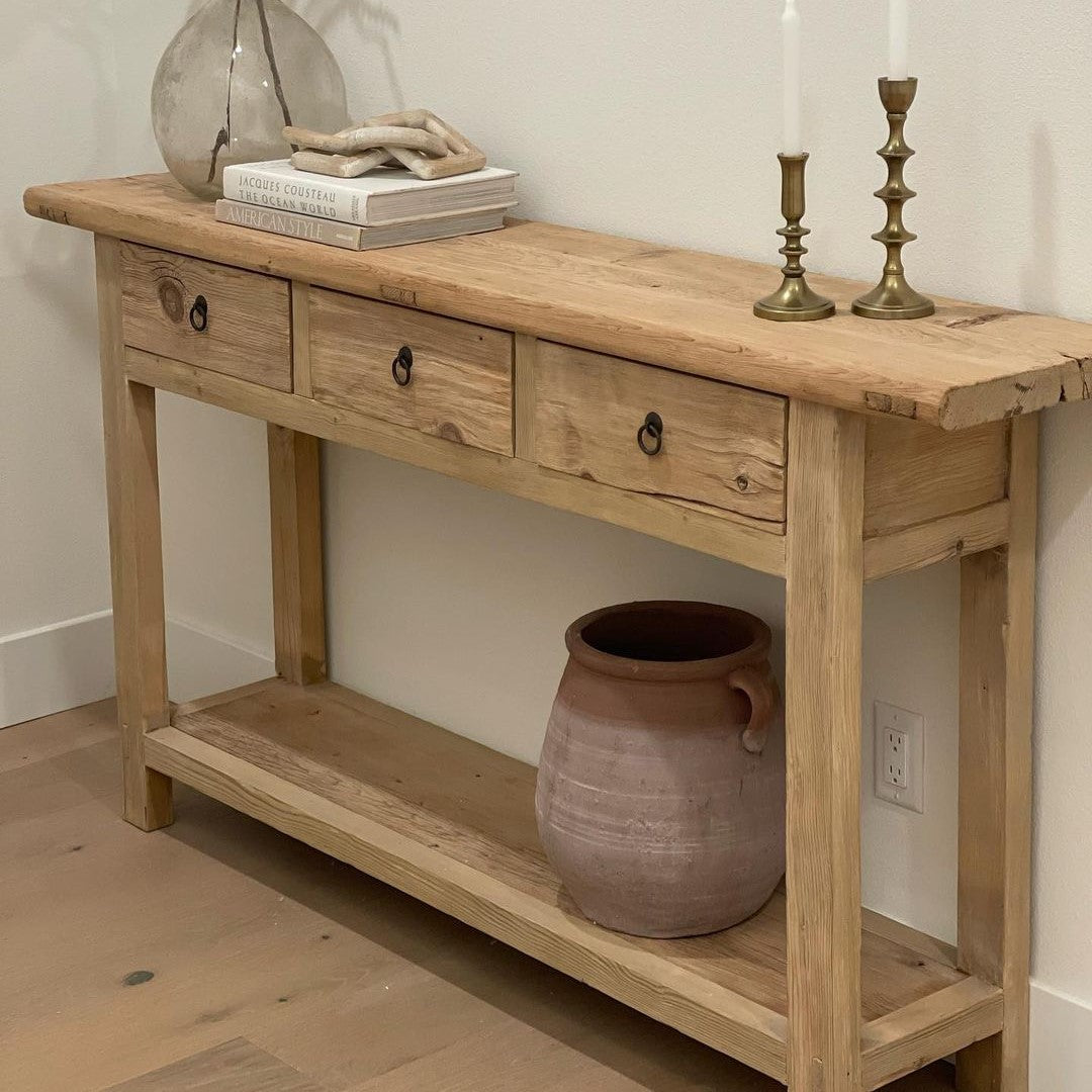 Rustic Wood Console Table With Drawers, Natural Solid Wood Console Table With Storage