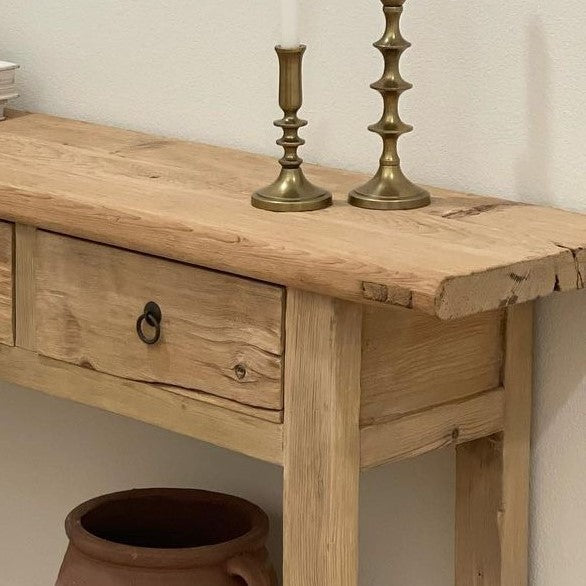 Rustic Wood Console Table With Drawers, Natural Solid Wood Console Table With Storage