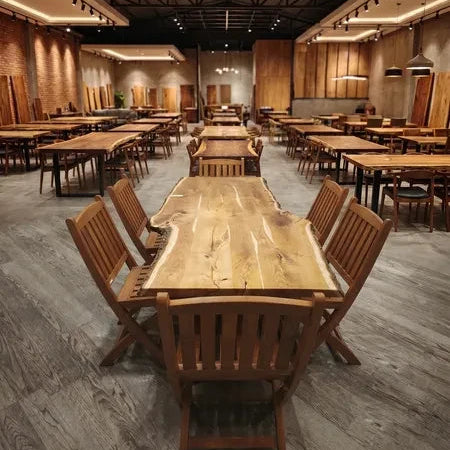 Handcrafted live edge solid wood dining table with natural bark edge set with wooden chairs