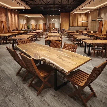 Handcrafted live edge solid wood dining table with natural bark edge set with wooden chairs