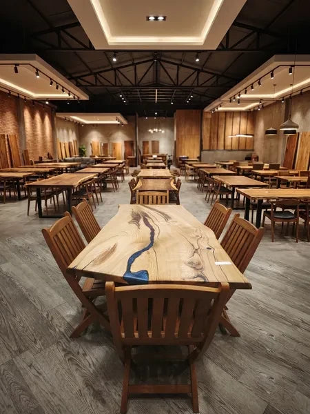 Handcrafted Live Edge Chestnut Olive Wood Dining Table with Blue Epoxy River