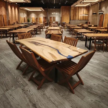 Handcrafted live edge solid wood dining table with blue epoxy river resin fill set with matching wooden chairs