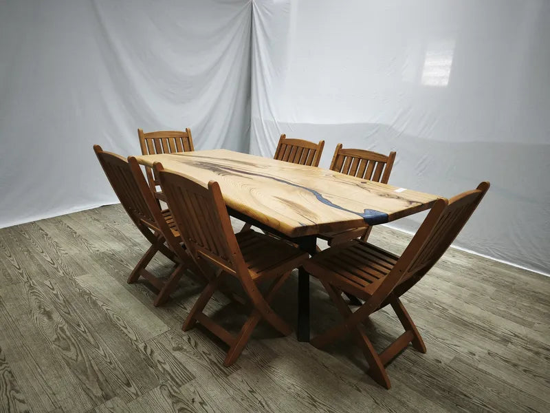 Handcrafted Live Edge Chestnut Olive Wood Dining Table with Blue Epoxy River
