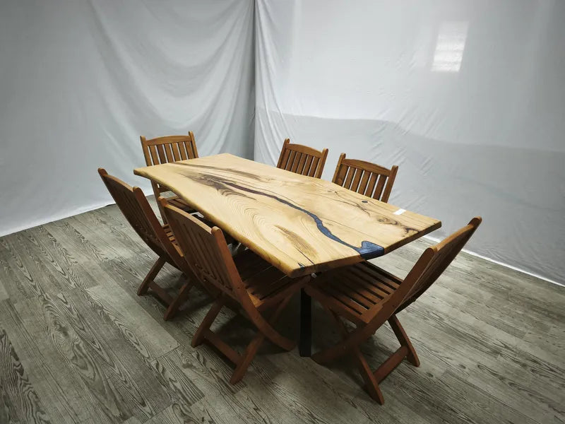 Handcrafted Live Edge Chestnut Olive Wood Dining Table with Blue Epoxy River