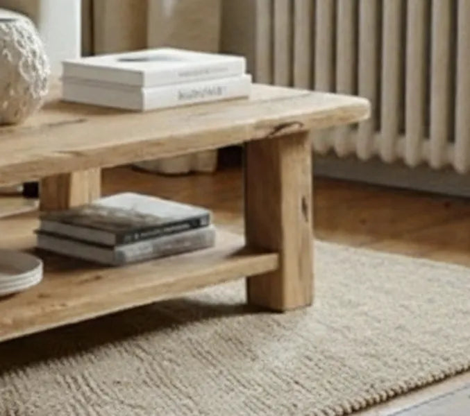 Light Wood Rustic Rectangular Coffee Table with Storage Shelf