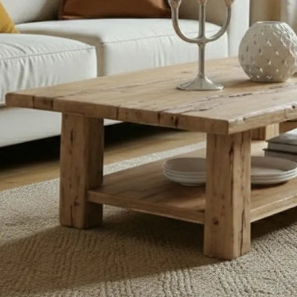 Light Wood Rustic Rectangular Coffee Table with Storage Shelf