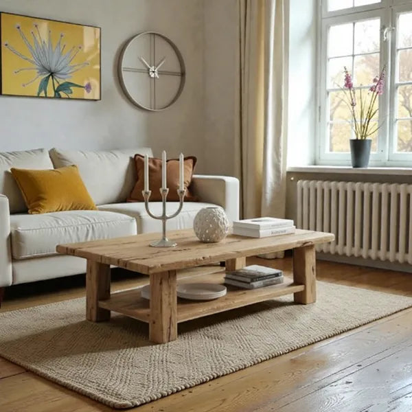 Light Wood Rustic Rectangular Coffee Table with Storage Shelf by Drwoodart