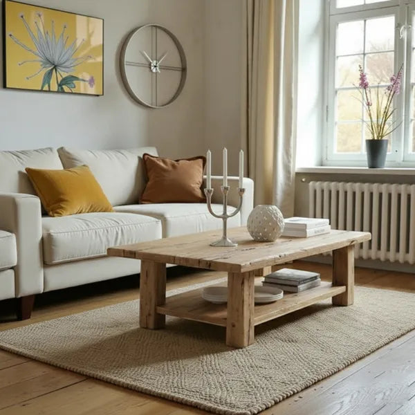 Light Wood Rustic Rectangular Coffee Table with Storage Shelf by Drwoodart