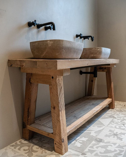 Rustic Oak Wood Bathroom Vanity with Open Shelf, Reclaimed Wood, Farmhouse Style