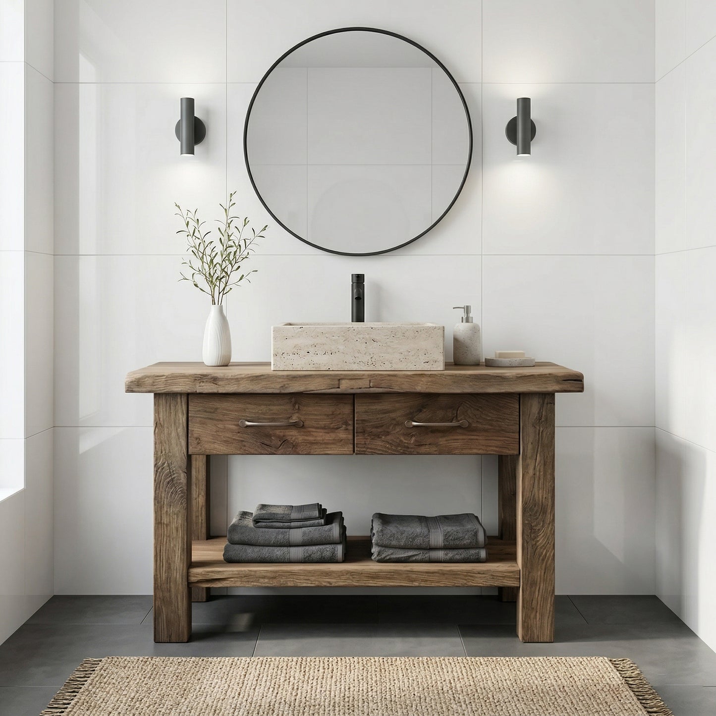 Rustic Wood Bathroom Vanity with Drawers, Reclaimed Wood Double Single Sink