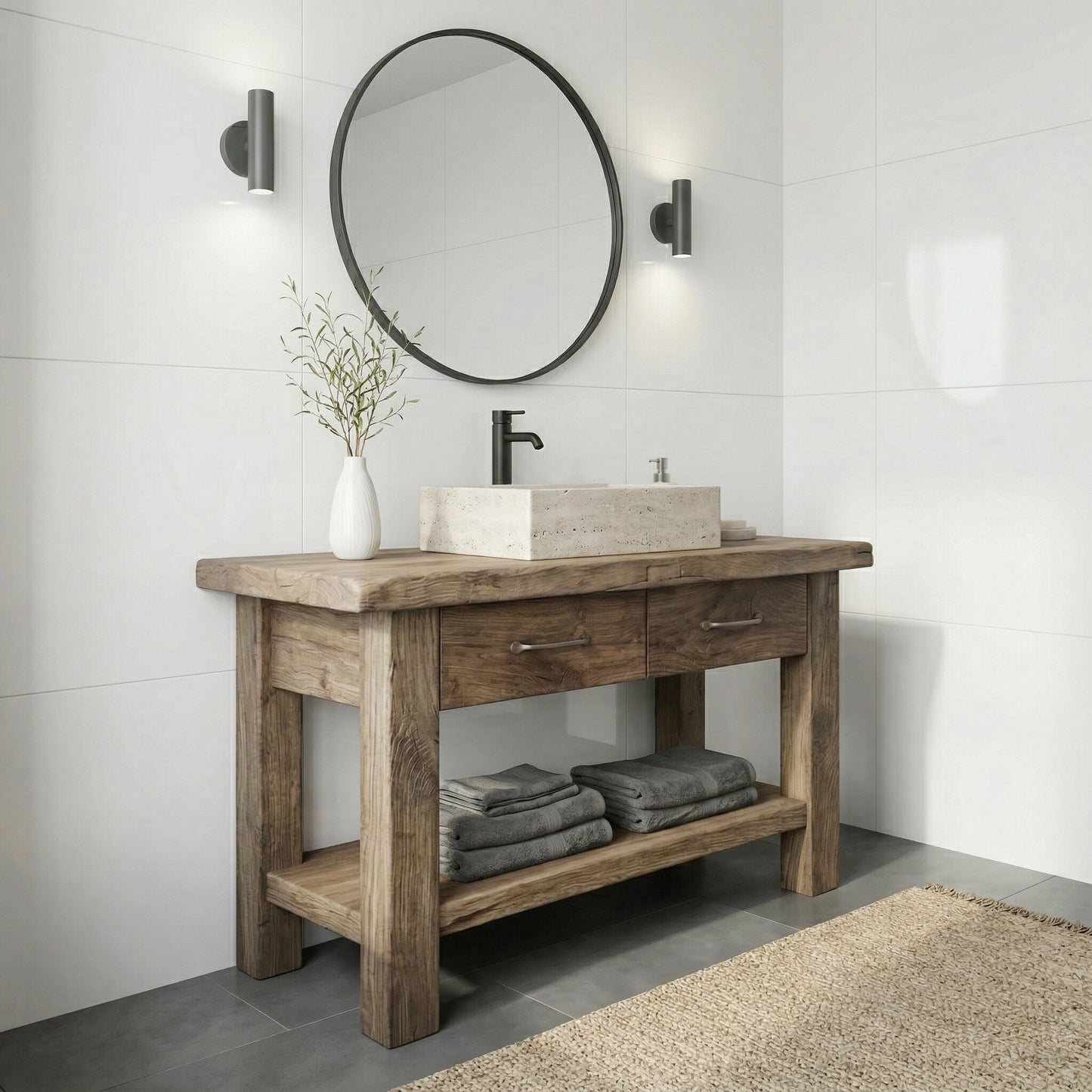 Rustic Wood Bathroom Vanity with Drawers, Reclaimed Wood Double Single Sink