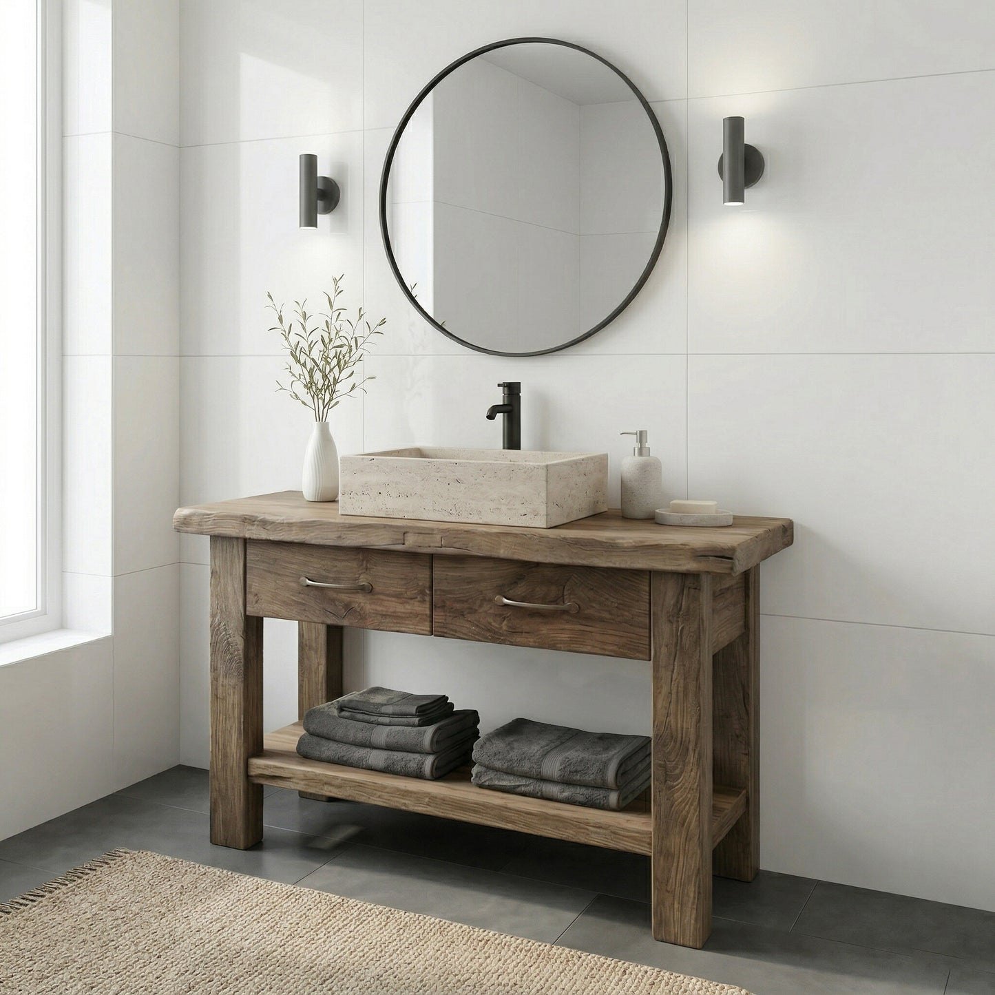 Rustic Wood Bathroom Vanity with Drawers, Reclaimed Wood Double Single Sink