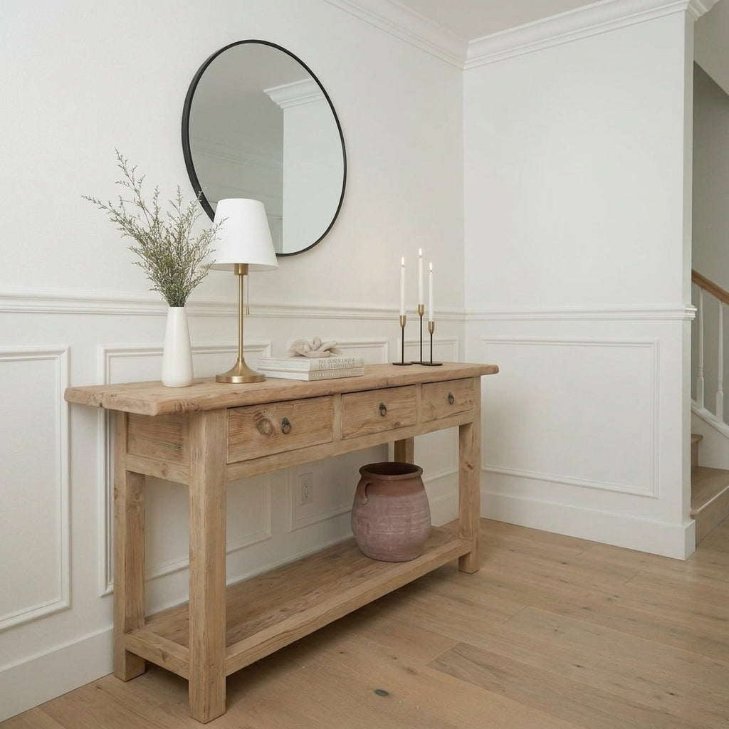 rustic-wooden-console-table-with-drawers-and-bottom-shelf