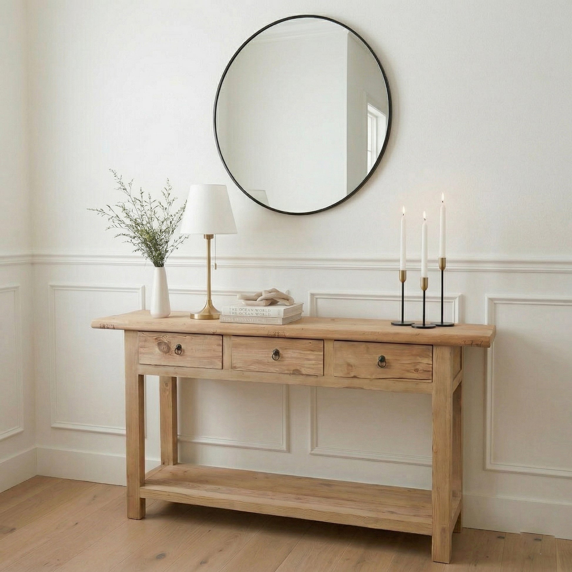 rustic-wooden-console-table-with-drawers-and-bottom-shelf