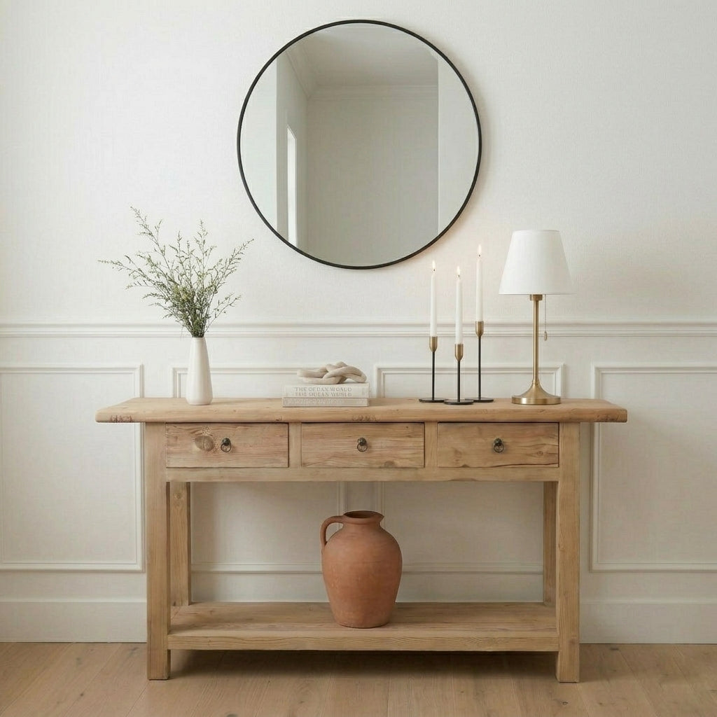 rustic-wooden-console-table-with-drawers-and-bottom-shelf