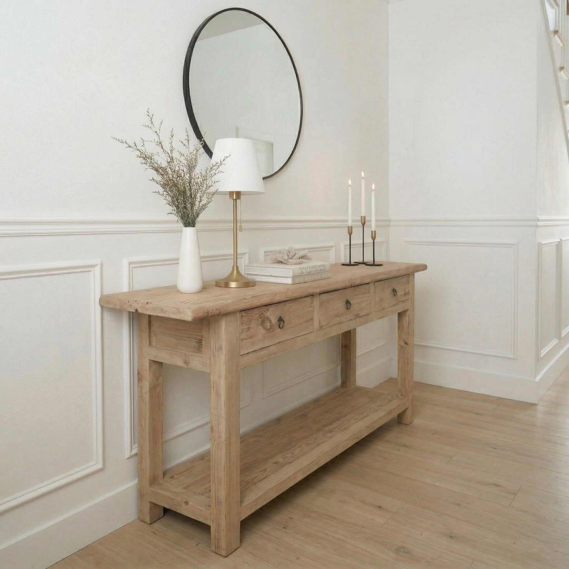 rustic-wooden-console-table-with-drawers-and-bottom-shelf