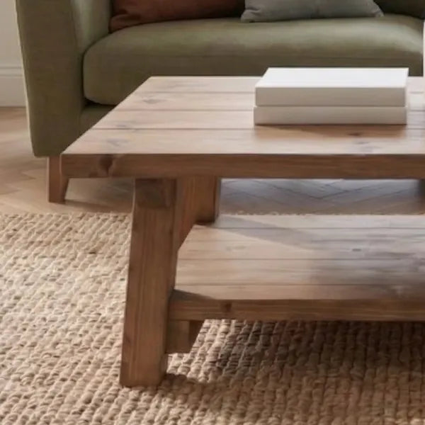 Rustic Farmhouse Plank Wood Coffee Table with Shelf