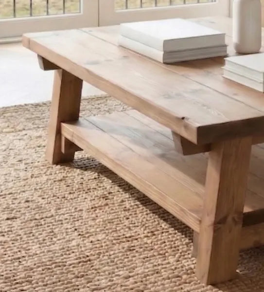 Rustic Farmhouse Plank Wood Coffee Table with Shelf
