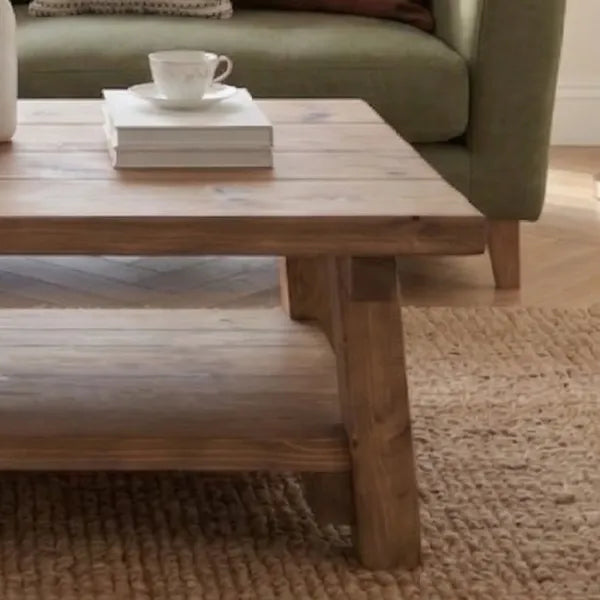 Rustic Farmhouse Plank Wood Coffee Table with Shelf
