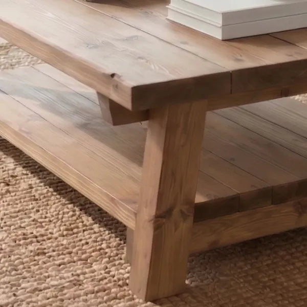 Rustic Farmhouse Plank Wood Coffee Table with Shelf