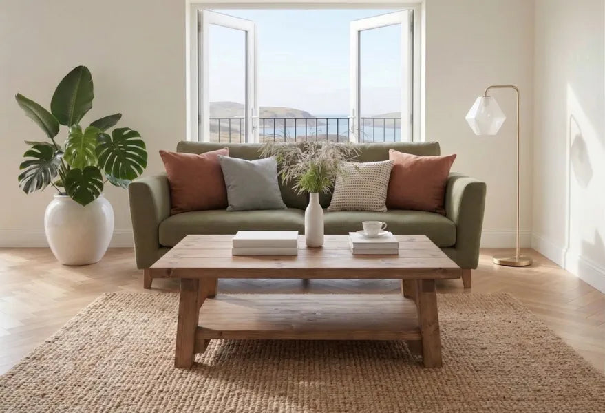 Rustic Farmhouse Plank Wood Coffee Table with Shelf