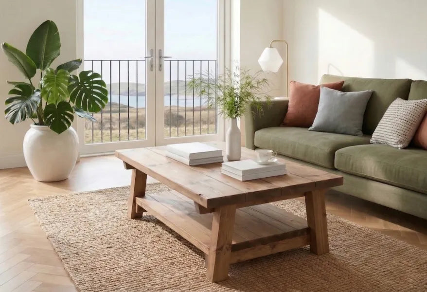 Rustic Farmhouse Plank Wood Coffee Table with Shelf