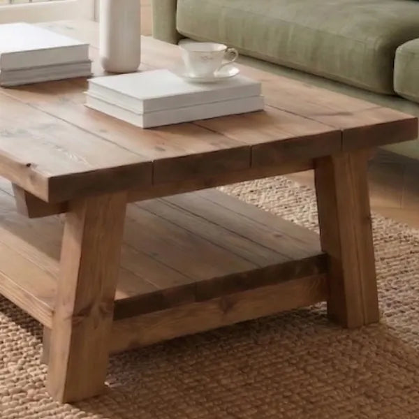 Rustic Farmhouse Plank Wood Coffee Table with Shelf