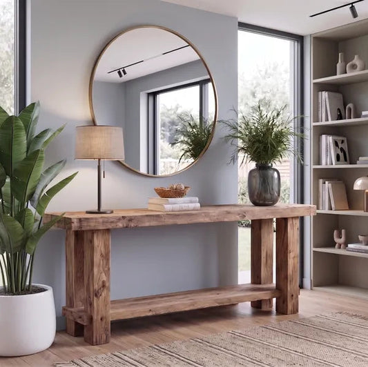 Rustic Live Edge Solid Wood Console Table with Bottom Shelf by Drwoodart