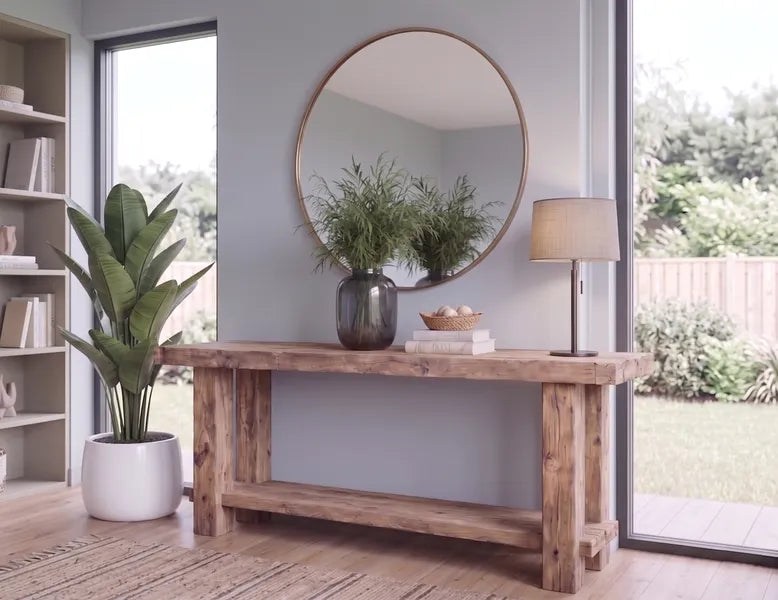 Rustic Live Edge Solid Wood Console Table with Bottom Shelf by Drwoodart