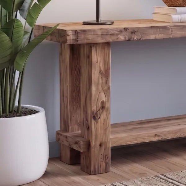 Rustic Live Edge Solid Wood Console Table with Bottom Shelf