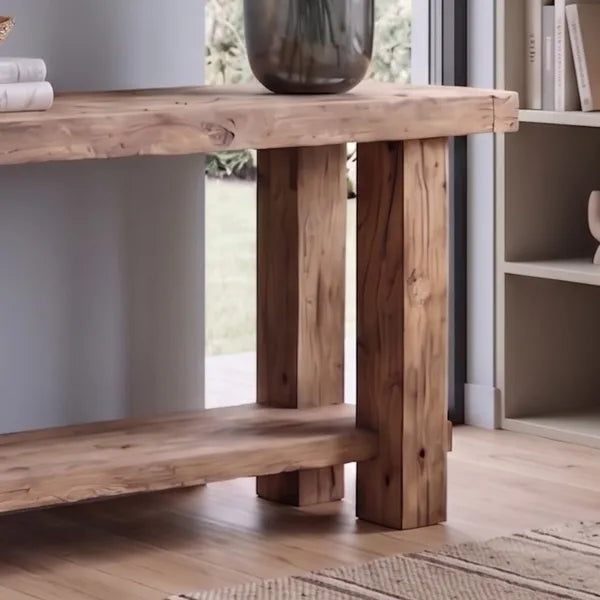 Rustic Live Edge Solid Wood Console Table with Bottom Shelf