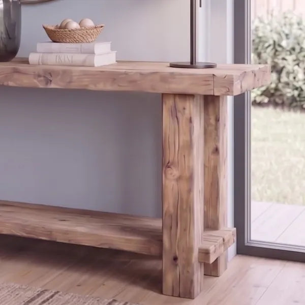 Rustic Live Edge Solid Wood Console Table with Bottom Shelf