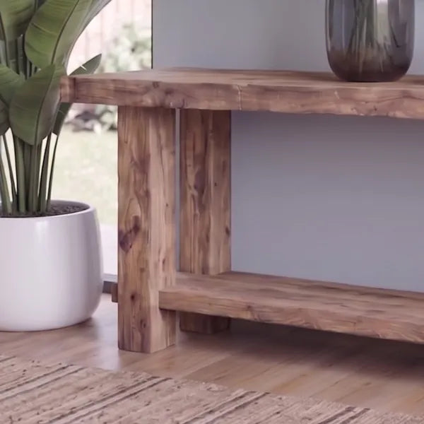 Rustic Live Edge Solid Wood Console Table with Bottom Shelf
